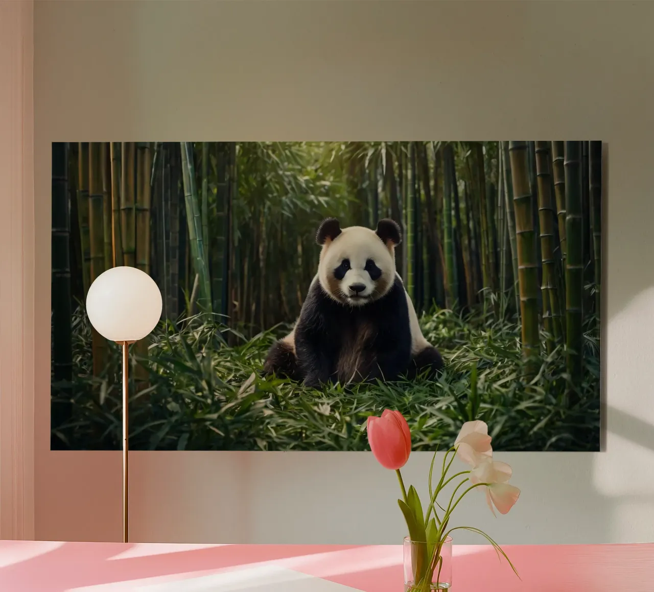 Panda che riposa tra i lussureggianti bambù di una foresta serena alluminio dibond da DesignDoodle
