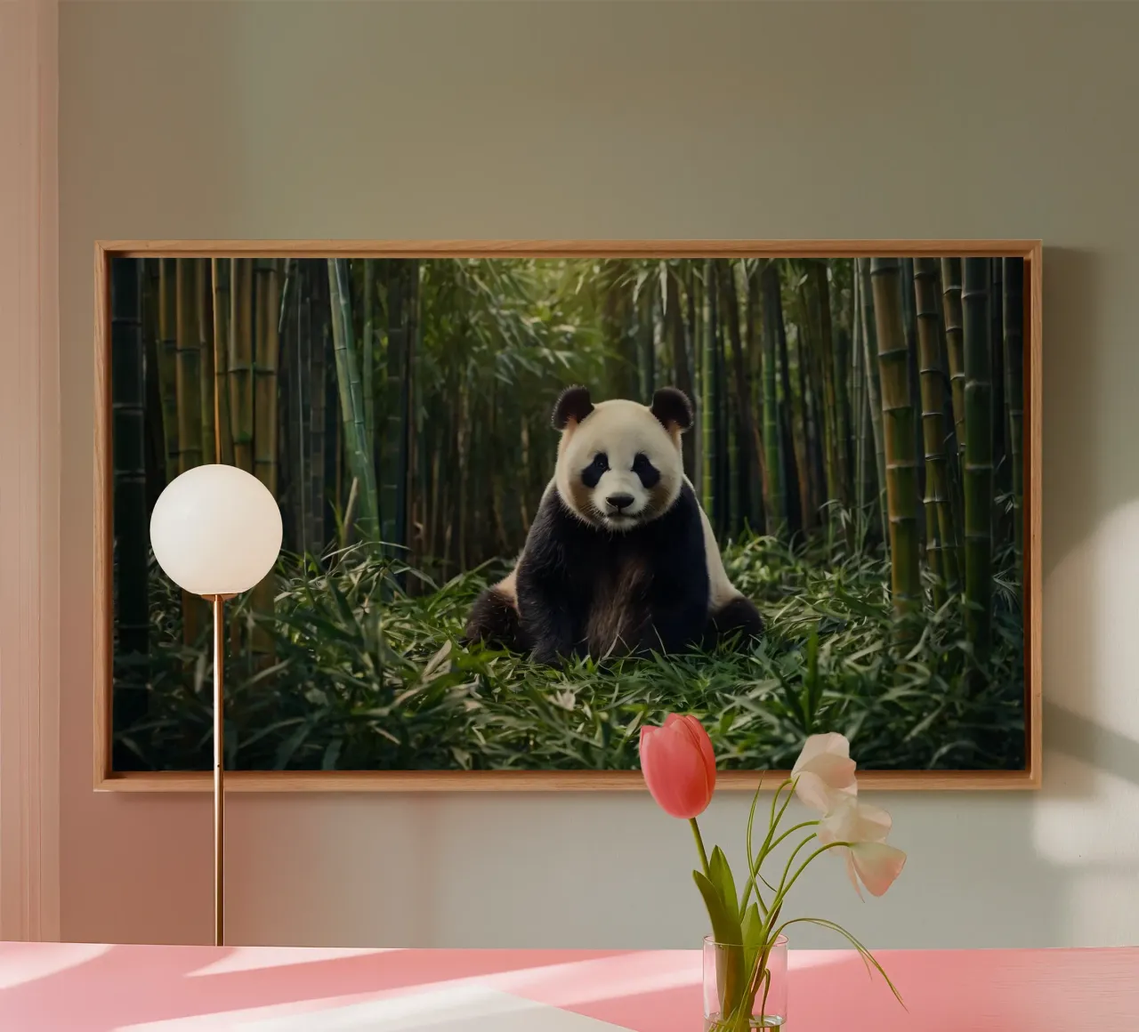 Panda rustend tussen weelderige bamboe in een sereen bos canvas van DesignDoodle