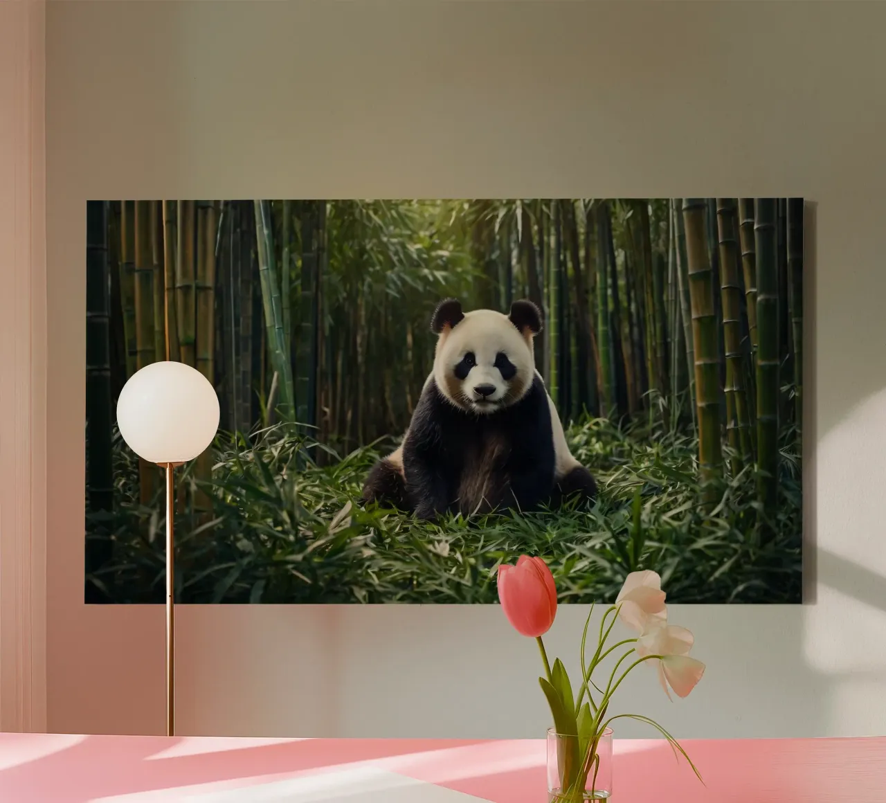 Panda rustend tussen weelderige bamboe in een sereen bos canvas van DesignDoodle