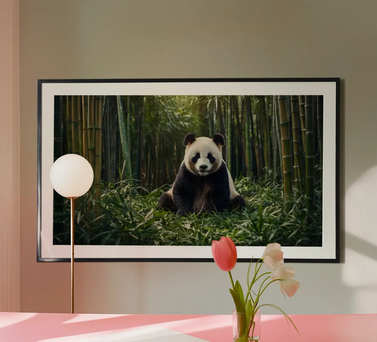Panda ruht inmitten von üppigem Bambus in einem ruhigen Wald Hahnemühle von DesignDoodle