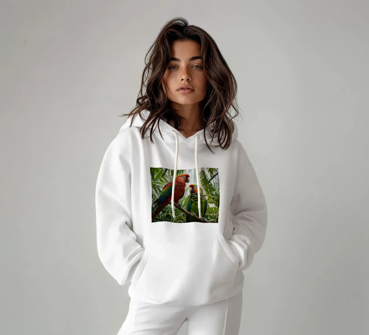Colorful parrots perched among lush foliage in a vibrant tro hoodie by DesignDoodle
