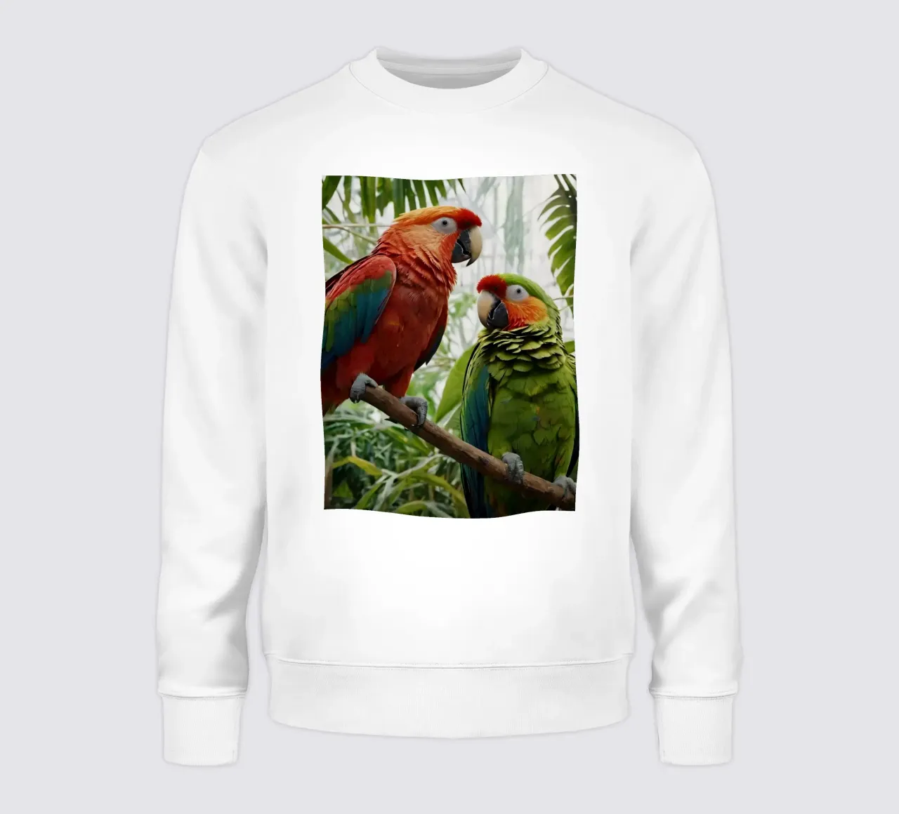 Bunte Papageien inmitten von üppigem Blattwerk in einem lebendigen Tro Sweatshirt von DesignDoodle