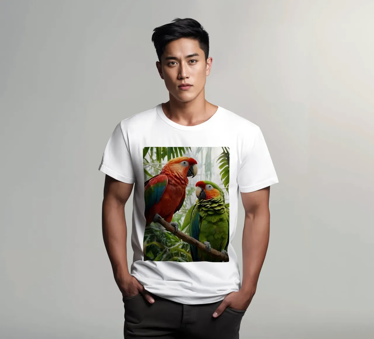 Bunte Papageien inmitten von üppigem Blattwerk in einem lebendigen Tro T-Shirt von DesignDoodle
