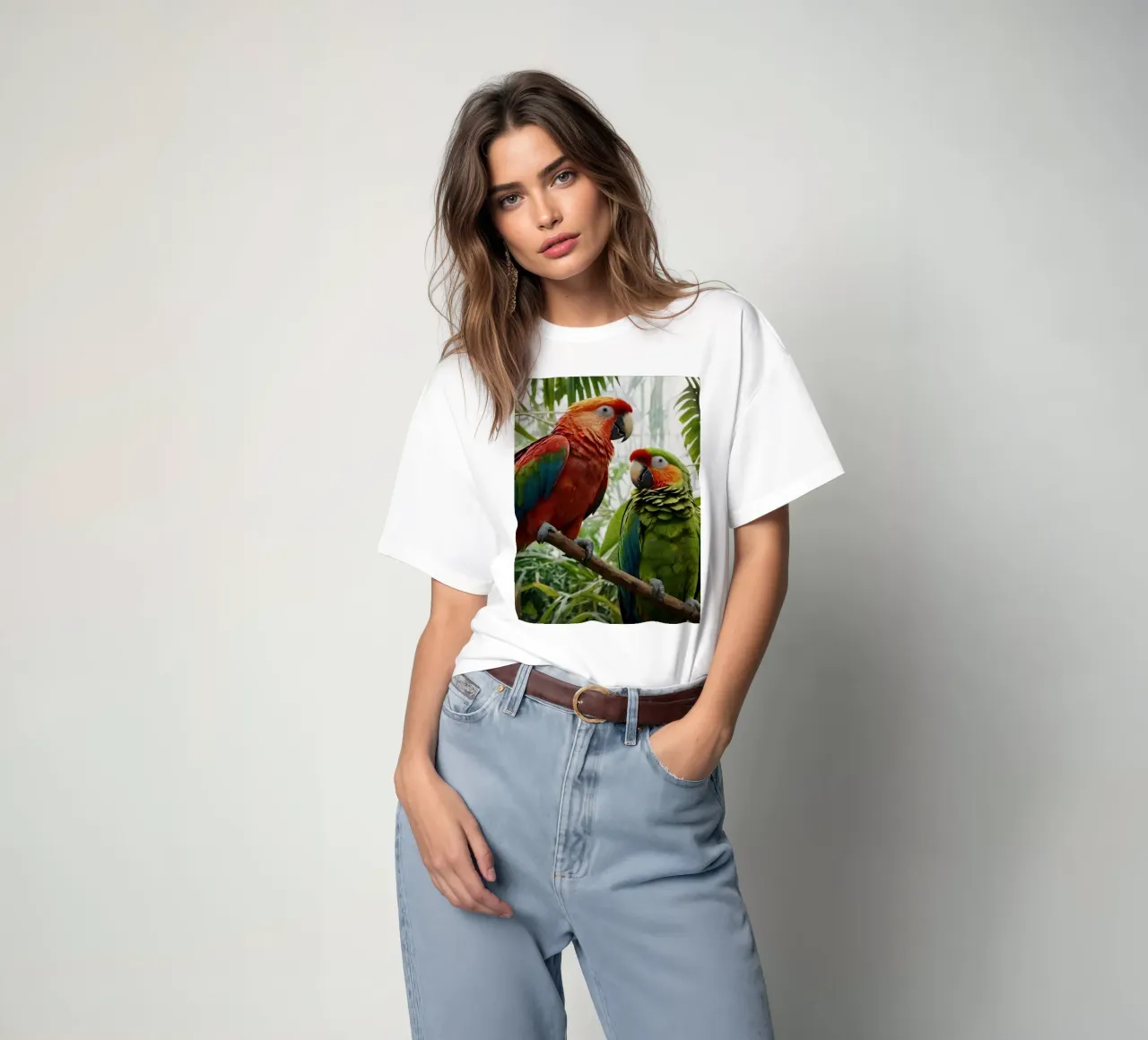Bunte Papageien inmitten von üppigem Blattwerk in einem lebendigen Tro T-Shirt von DesignDoodle