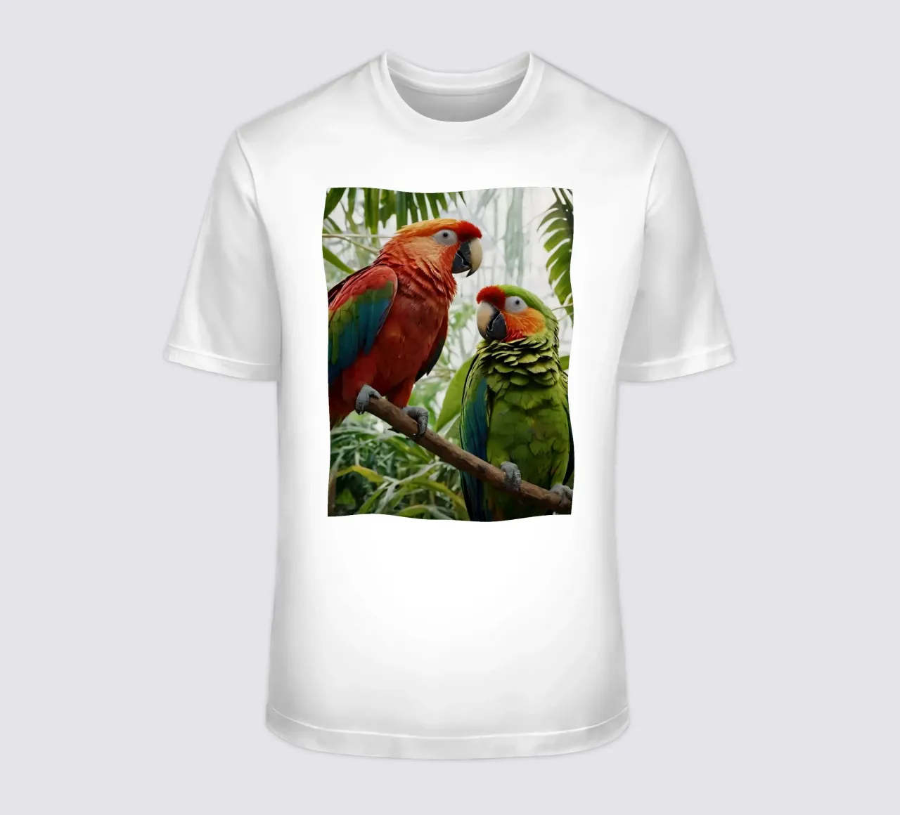 Bunte Papageien inmitten von üppigem Blattwerk in einem lebendigen Tro T-Shirt von DesignDoodle