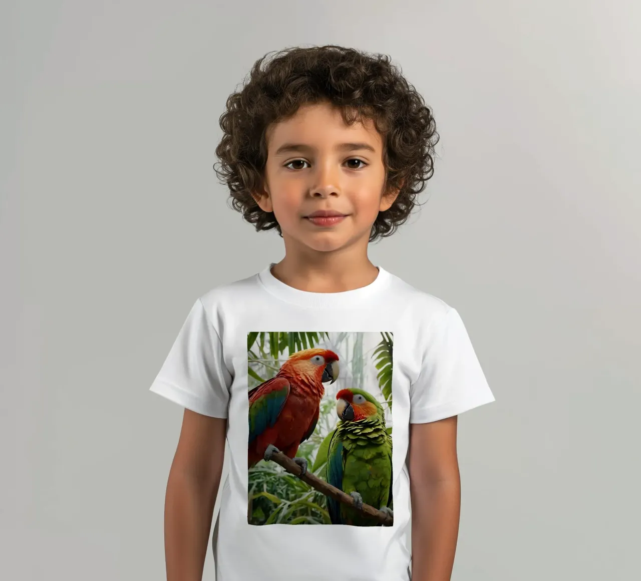 Colorful parrots perched among lush foliage in a vibrant tro kids t-shirt by DesignDoodle