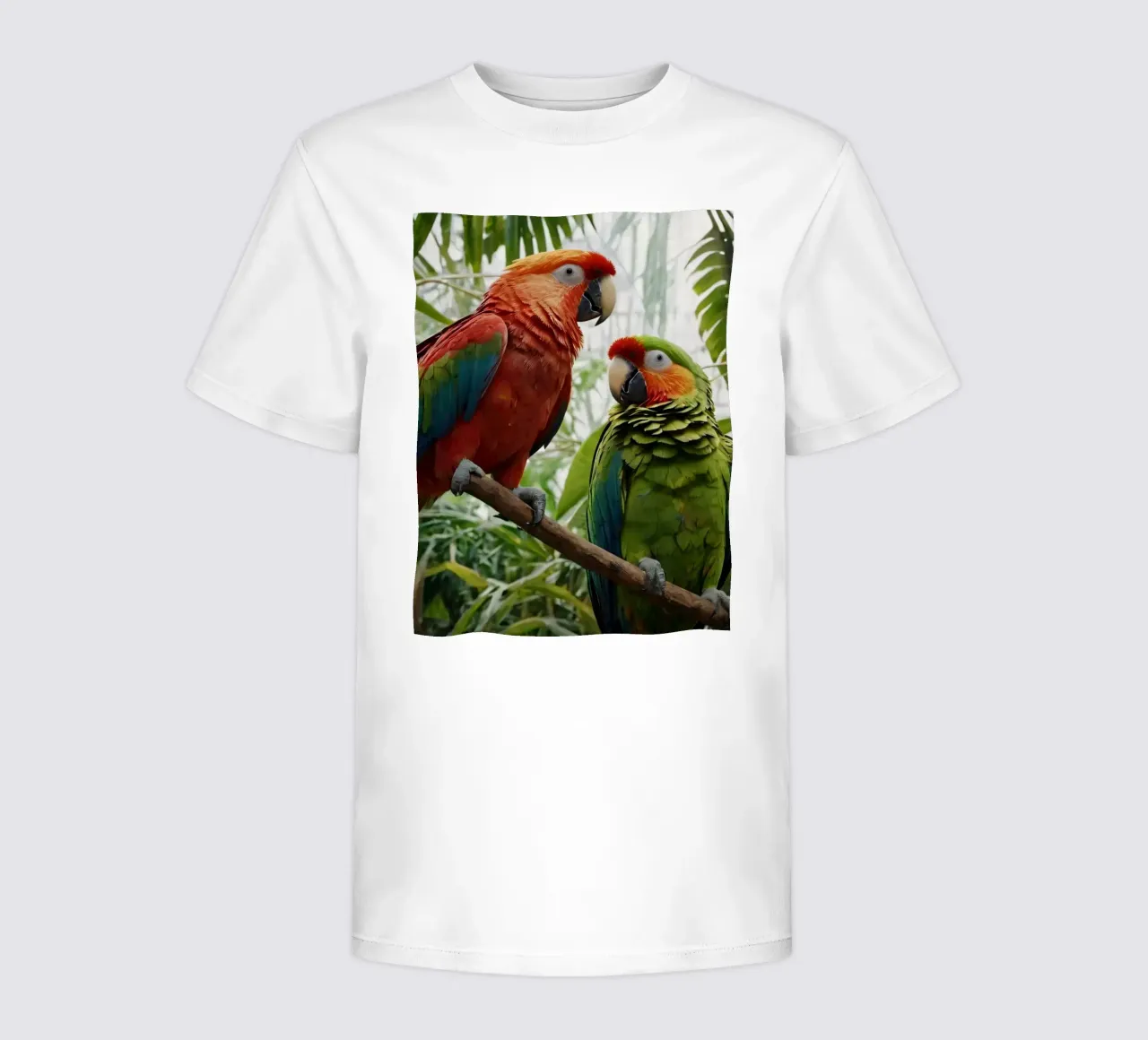 Colorful parrots perched among lush foliage in a vibrant tro kids t-shirt by DesignDoodle