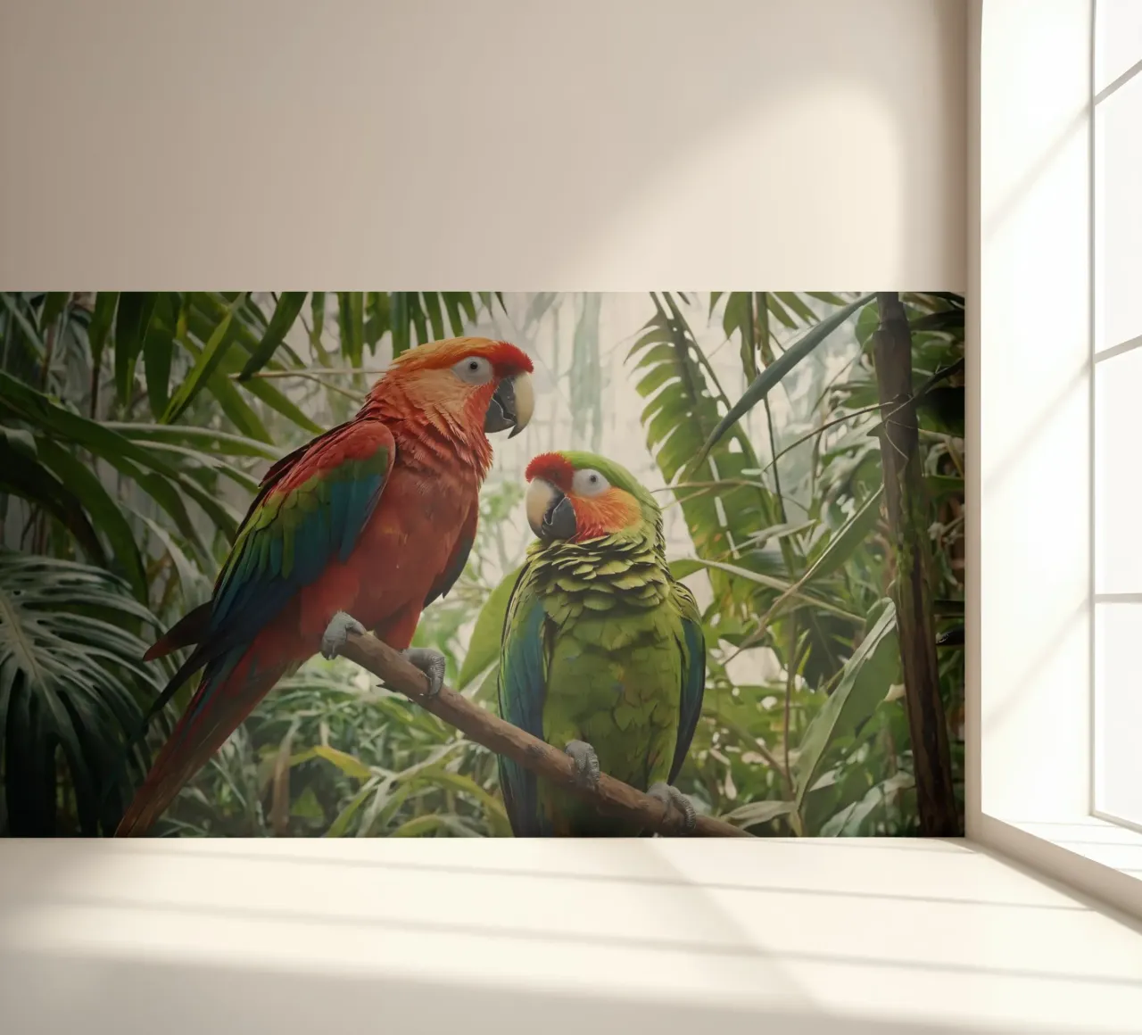 Colorful parrots perched among lush foliage in a vibrant tro photo wallpaper by DesignDoodle