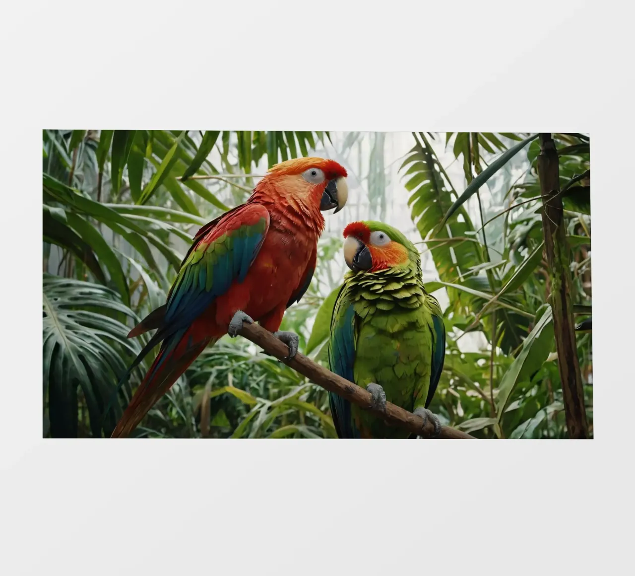 Colorful parrots perched among lush foliage in a vibrant tro photo wallpaper by DesignDoodle