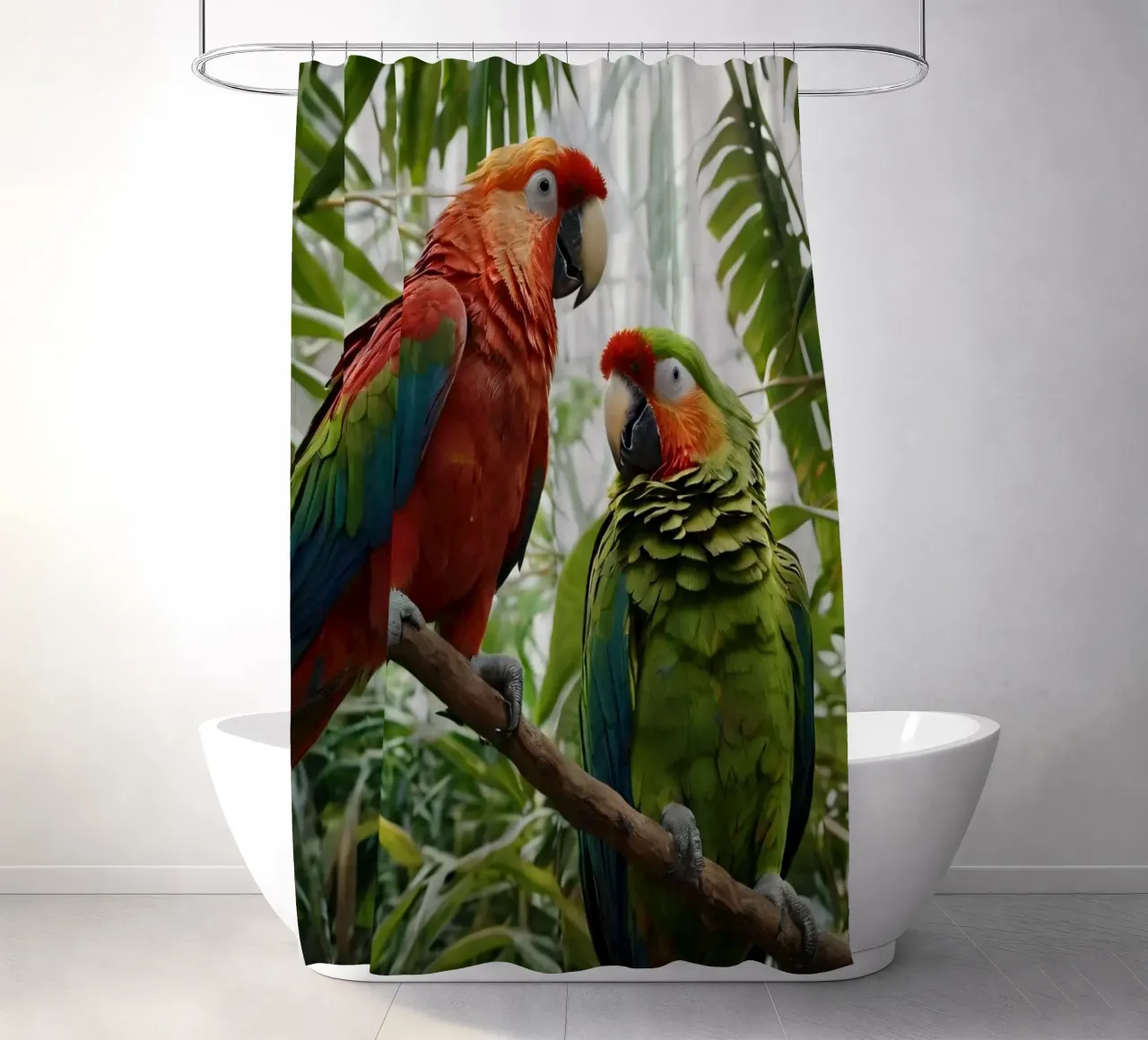 Bunte Papageien inmitten von üppigem Blattwerk in einem lebendigen Tro Duschvorhang von DesignDoodle