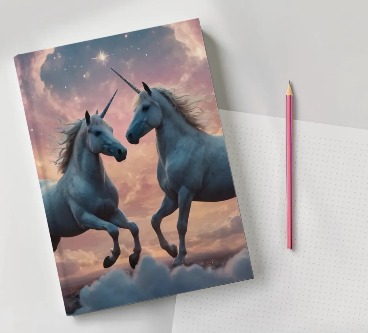 Majestätische Einhörner tanzen in einer traumhaften Wolkenlandschaft Notizbuch von DesignDoodle