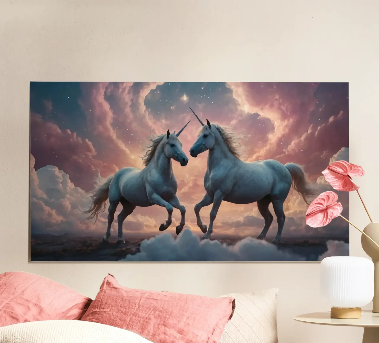 Maestosi unicorni danzano in un paesaggio di nuvole da sogno poster con telaio in plastica da DesignDoodle