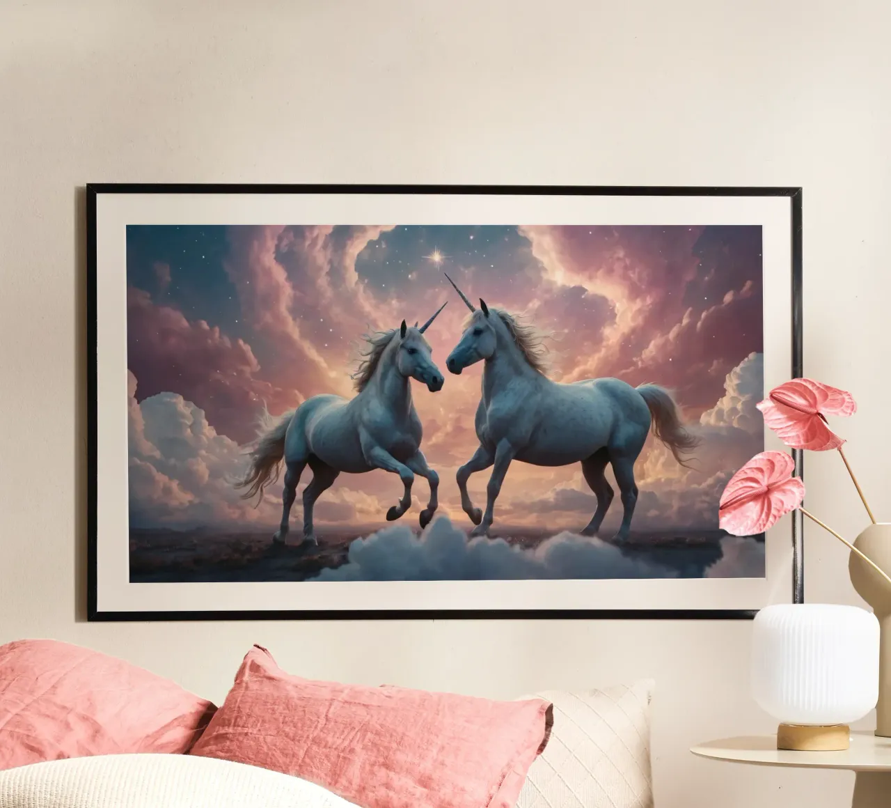 Maestosi unicorni danzano in un paesaggio di nuvole da sogno poster con telaio in plastica da DesignDoodle