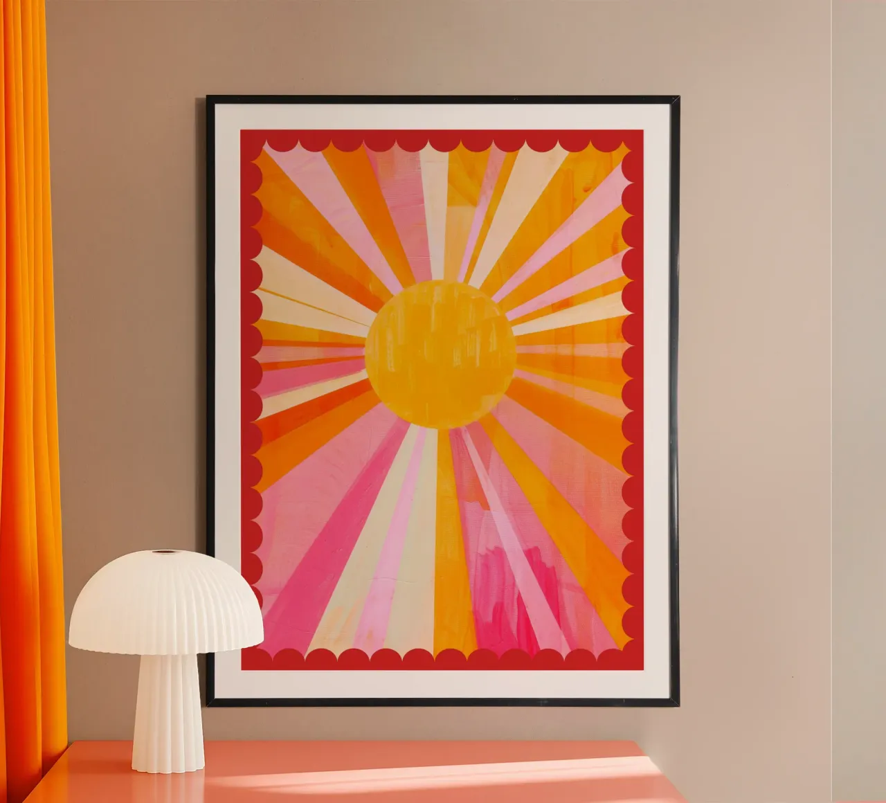 Italië, Soleil Boho Print, Zonneposter, Levendige Zomer Print poster met houten frame van DolceVita
