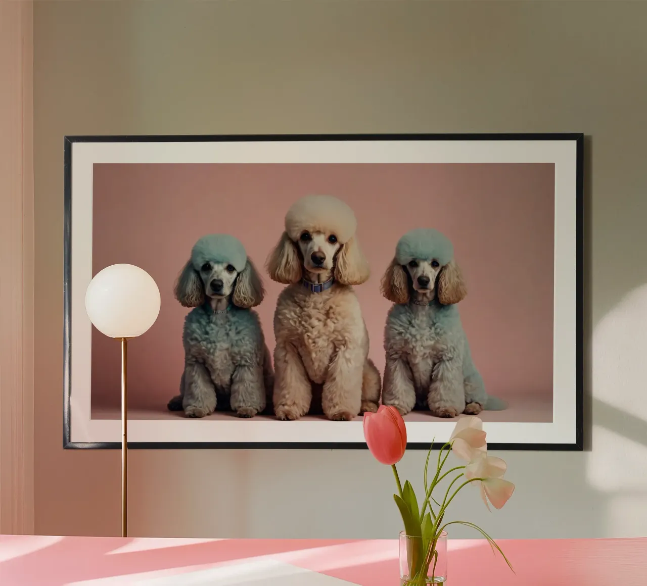 Tre eleganti barboncini posano insieme in colori pastello poster con telaio in legno da DesignDoodle