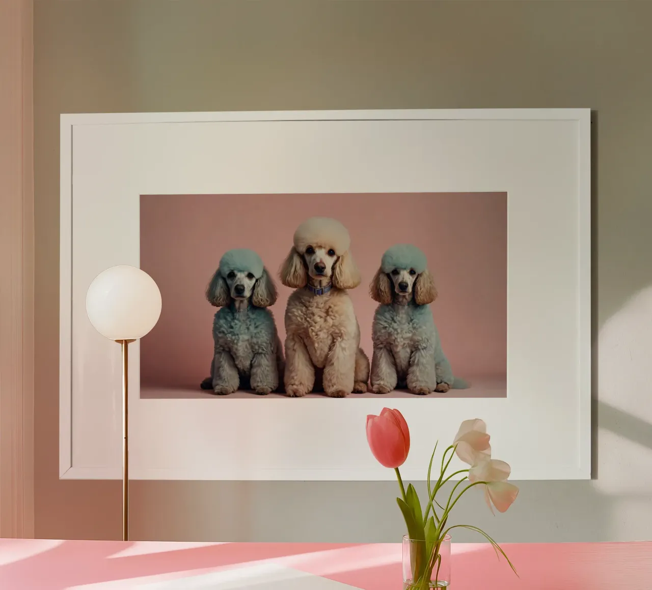Tre eleganti barboncini posano insieme in colori pastello poster con telaio in legno da DesignDoodle