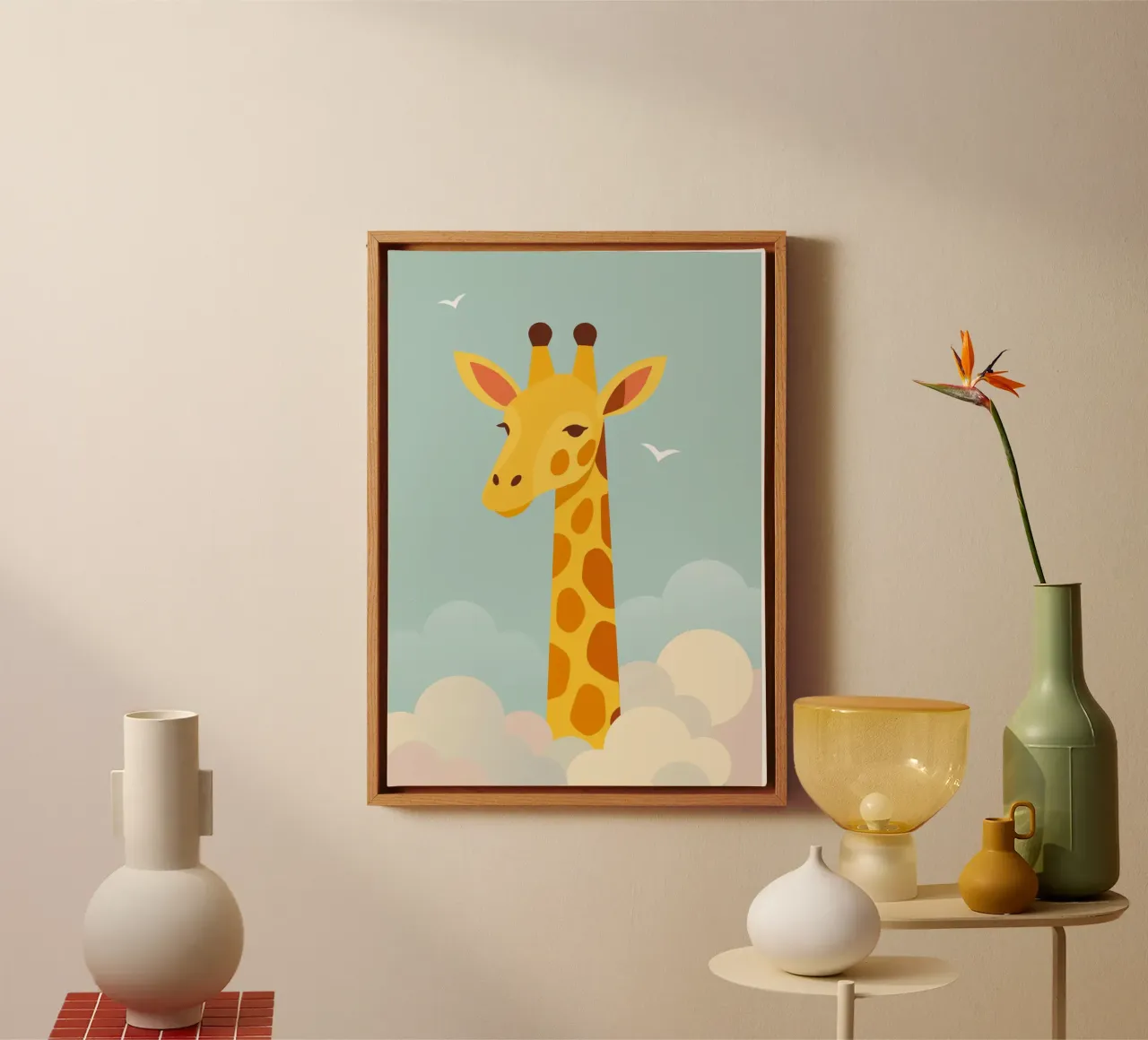 Giraffa gentile sopra le nuvole - motivo animale onirico tela con Cornice a cassetta da namosh