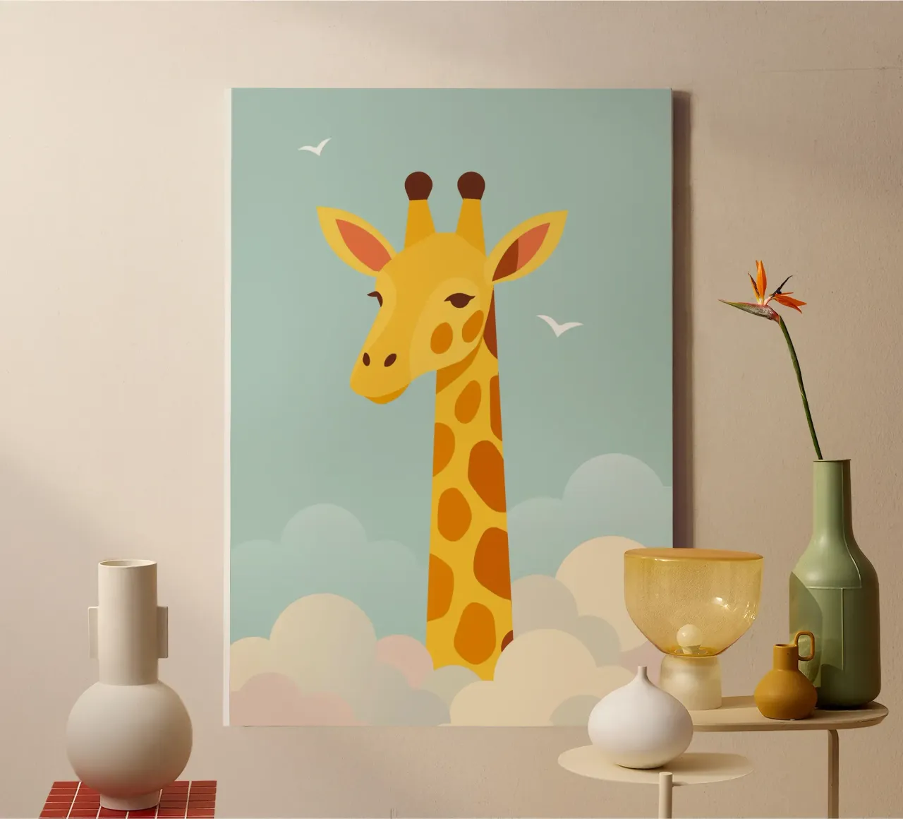 Giraffa gentile sopra le nuvole - motivo animale onirico tela con Cornice a cassetta da namosh