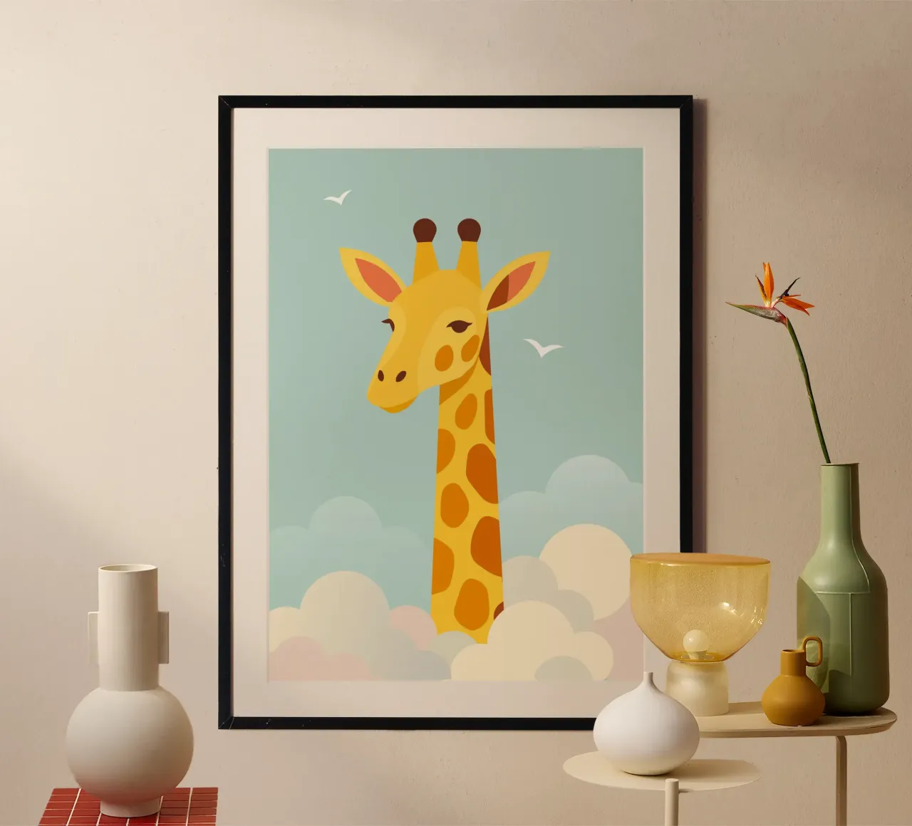 Giraffa gentile sopra le nuvole - motivo animale onirico carta hahnemühle da namosh