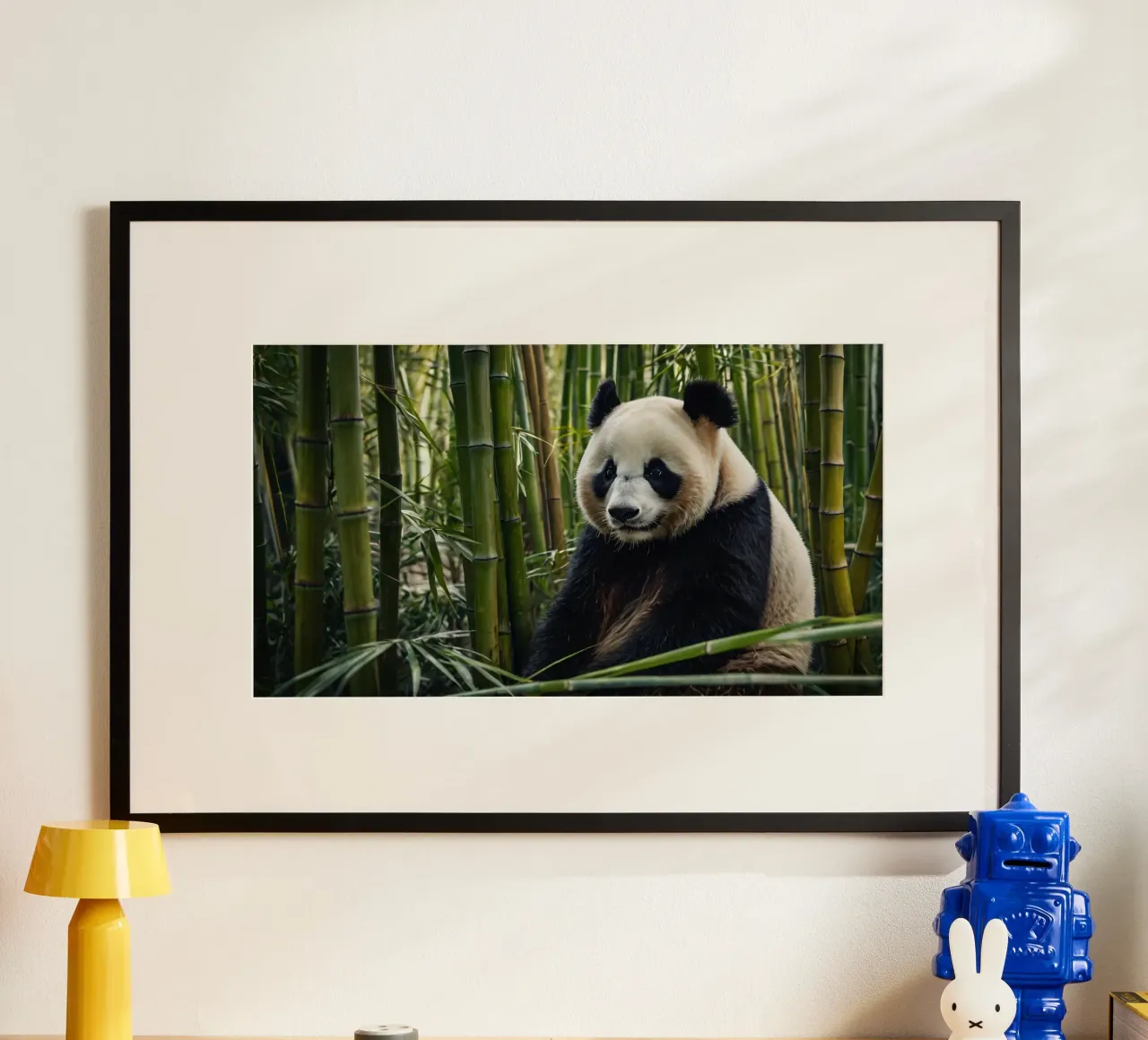 Un enorme panda riposa in un lussureggiante boschetto di bambù poster da DesignDoodle