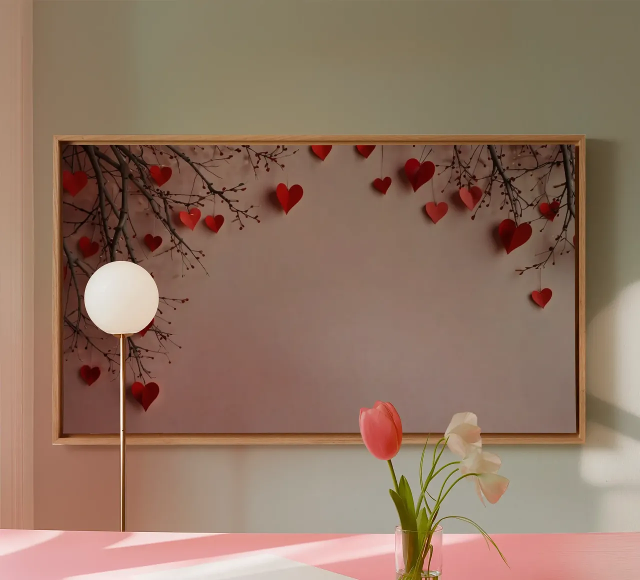 Romantic decorations with red hearts for an unforgettable canvas with Floater frame by DesignDoodle