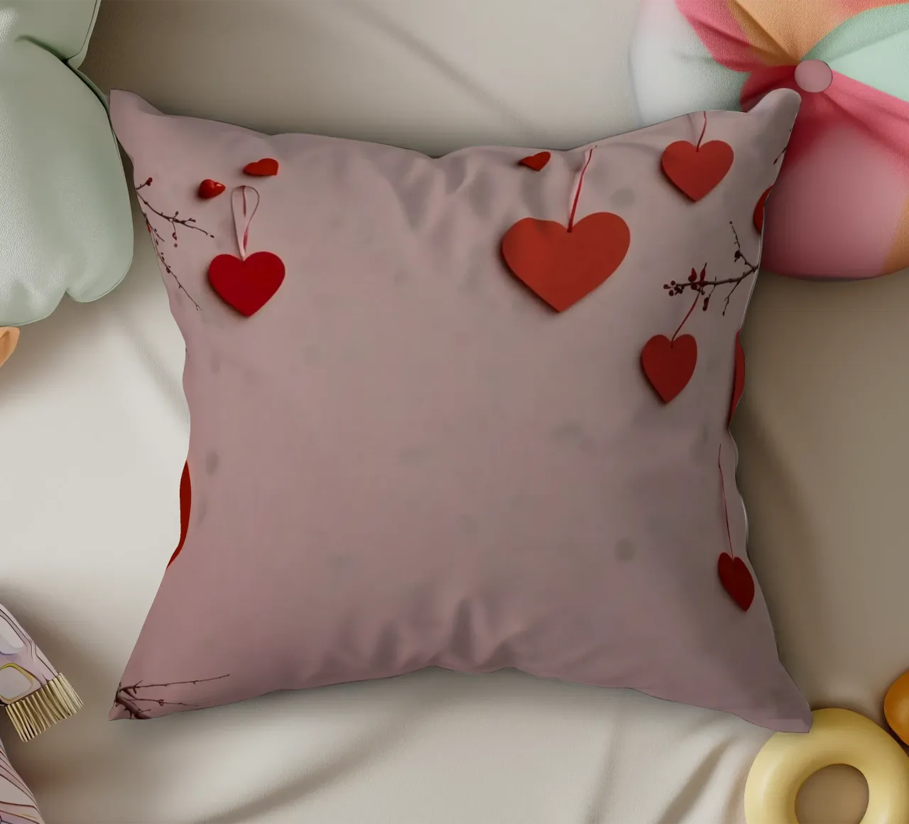 Romantische Dekoration mit roten Herzen, die von Zweigen hängen Kissen von DesignDoodle