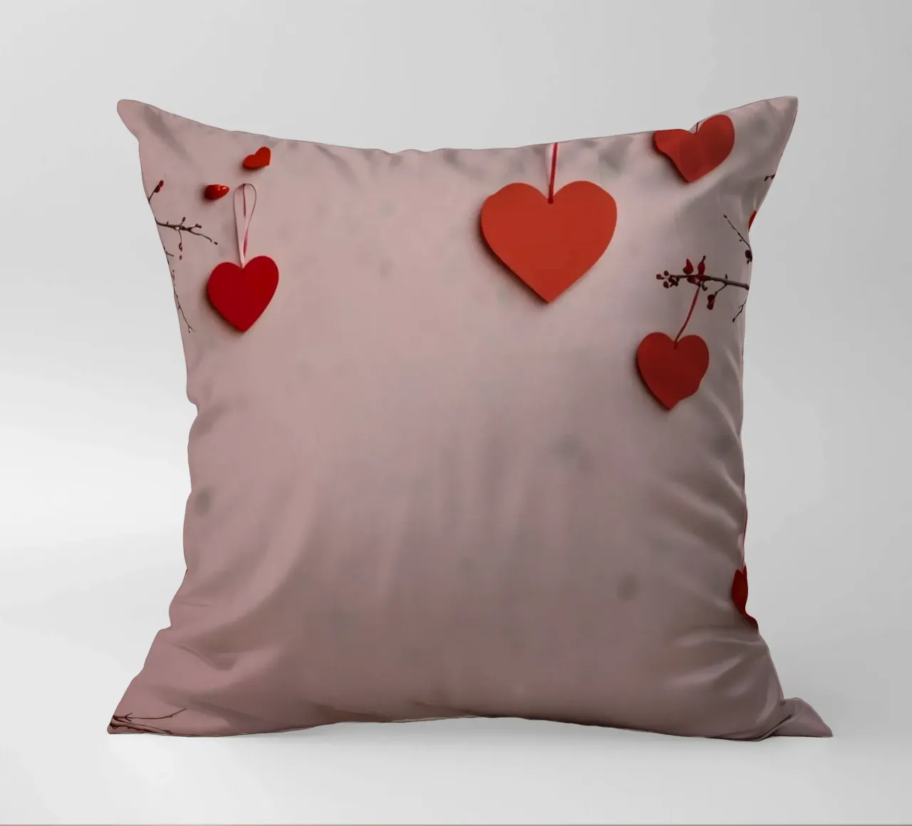 Romantische Dekoration mit roten Herzen, die von Zweigen hängen Kissen von DesignDoodle