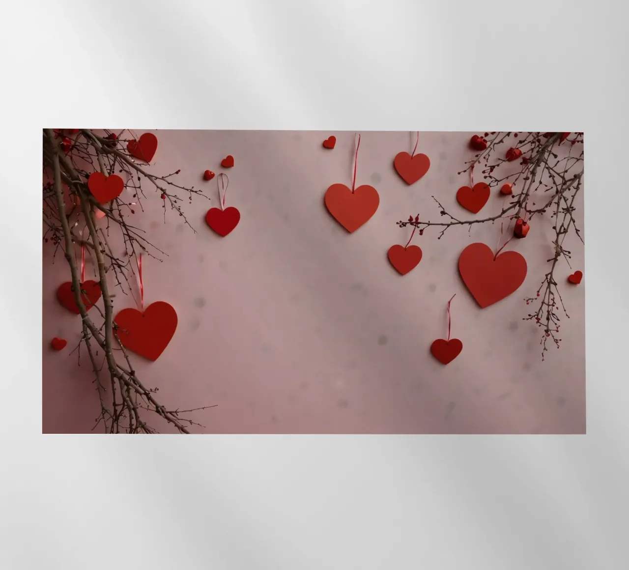 Decoración romántica con corazones rojos colgando de las ramas lámina retroiluminada de DesignDoodle