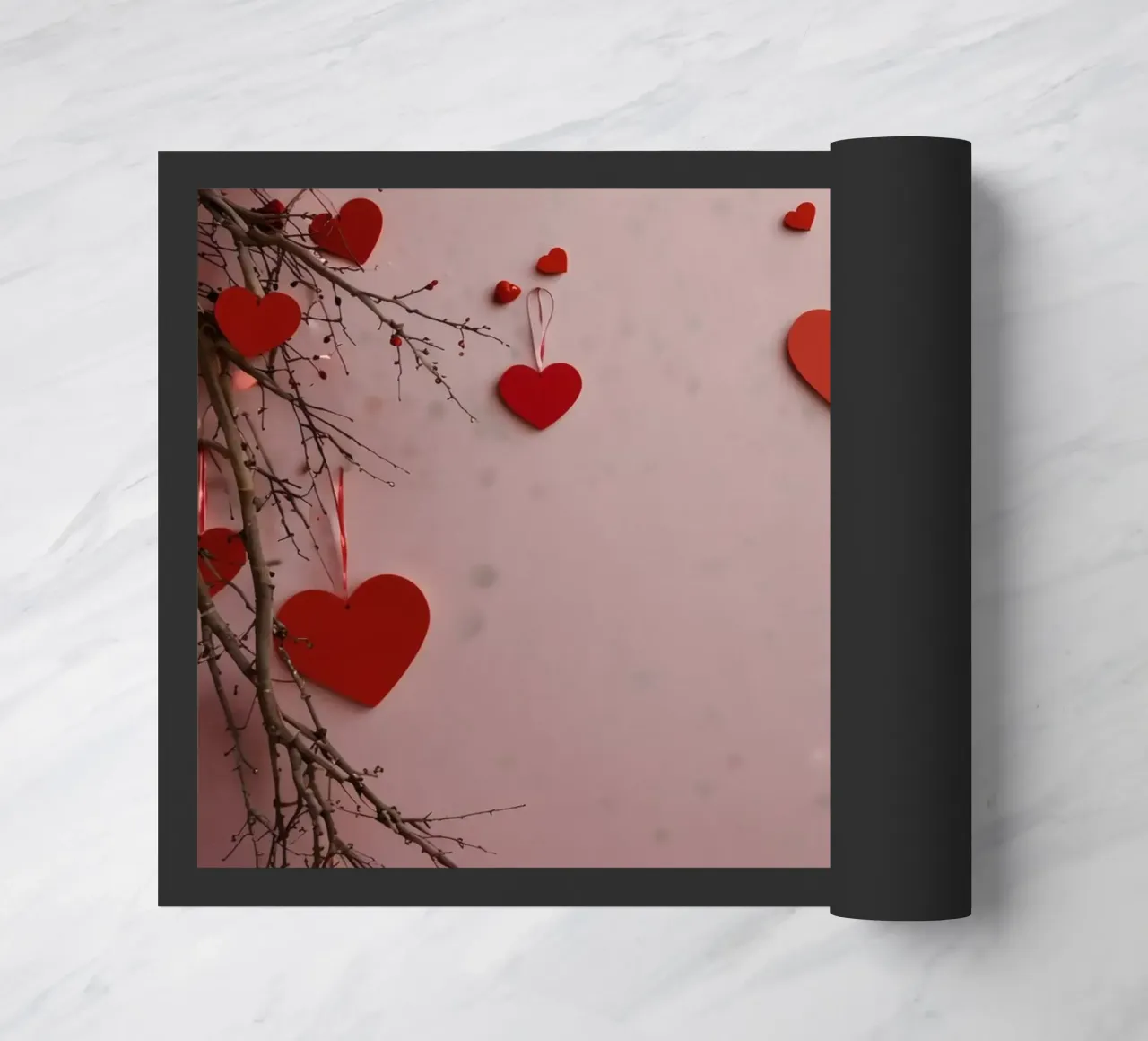 Décoration romantique avec des cœurs rouges suspendus aux branches paillasson de DesignDoodle