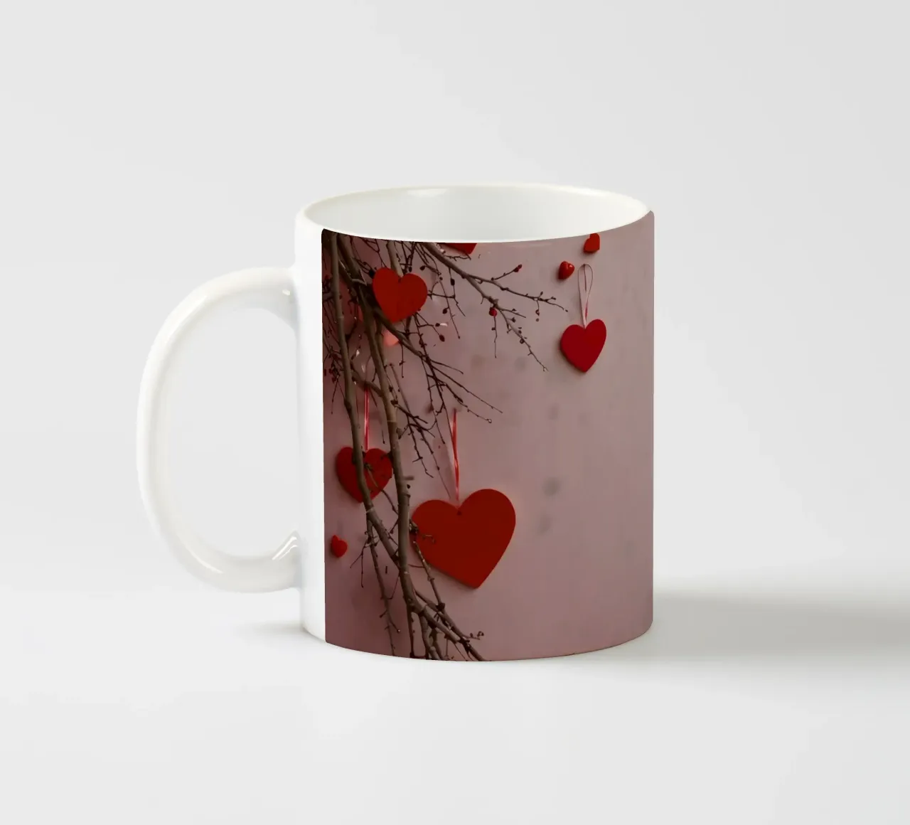 Romantische decoratie met rode harten hangend aan takken keramische mok van DesignDoodle