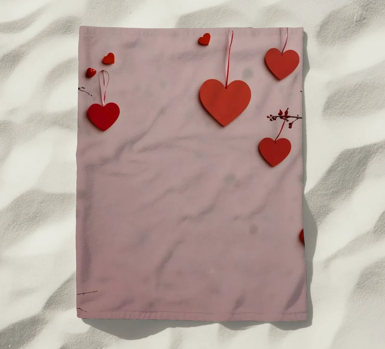 Romantic decoration with red hearts hanging from branches beach towel by DesignDoodle
