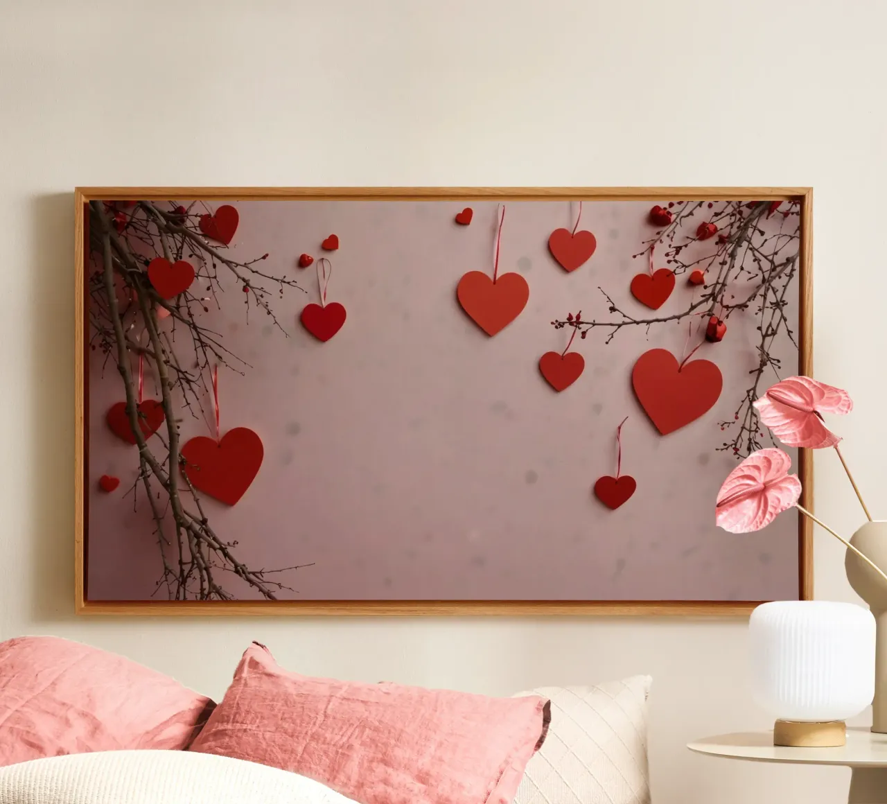 Romantic decoration with red hearts hanging from branches canvas with Floater frame by DesignDoodle