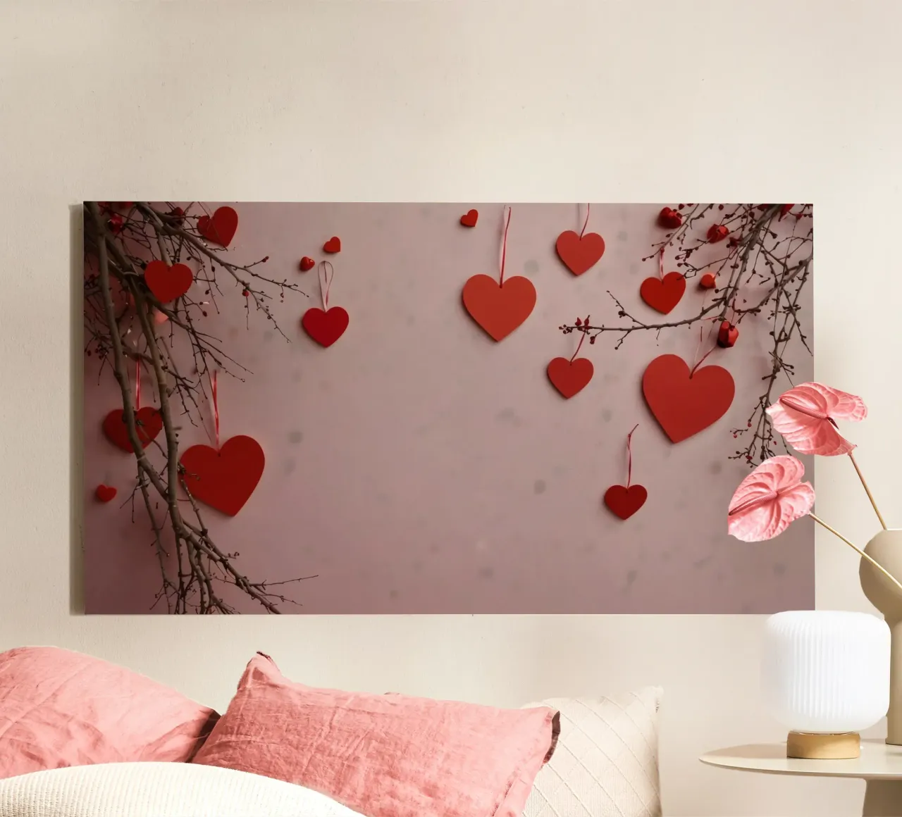 Romantic decoration with red hearts hanging from branches canvas with Floater frame by DesignDoodle