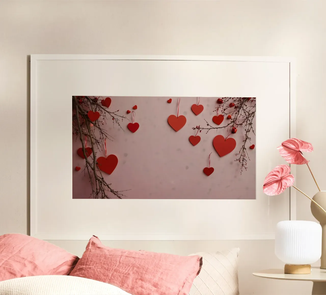 Romantische Dekoration mit roten Herzen, die von Zweigen hängen Poster von DesignDoodle