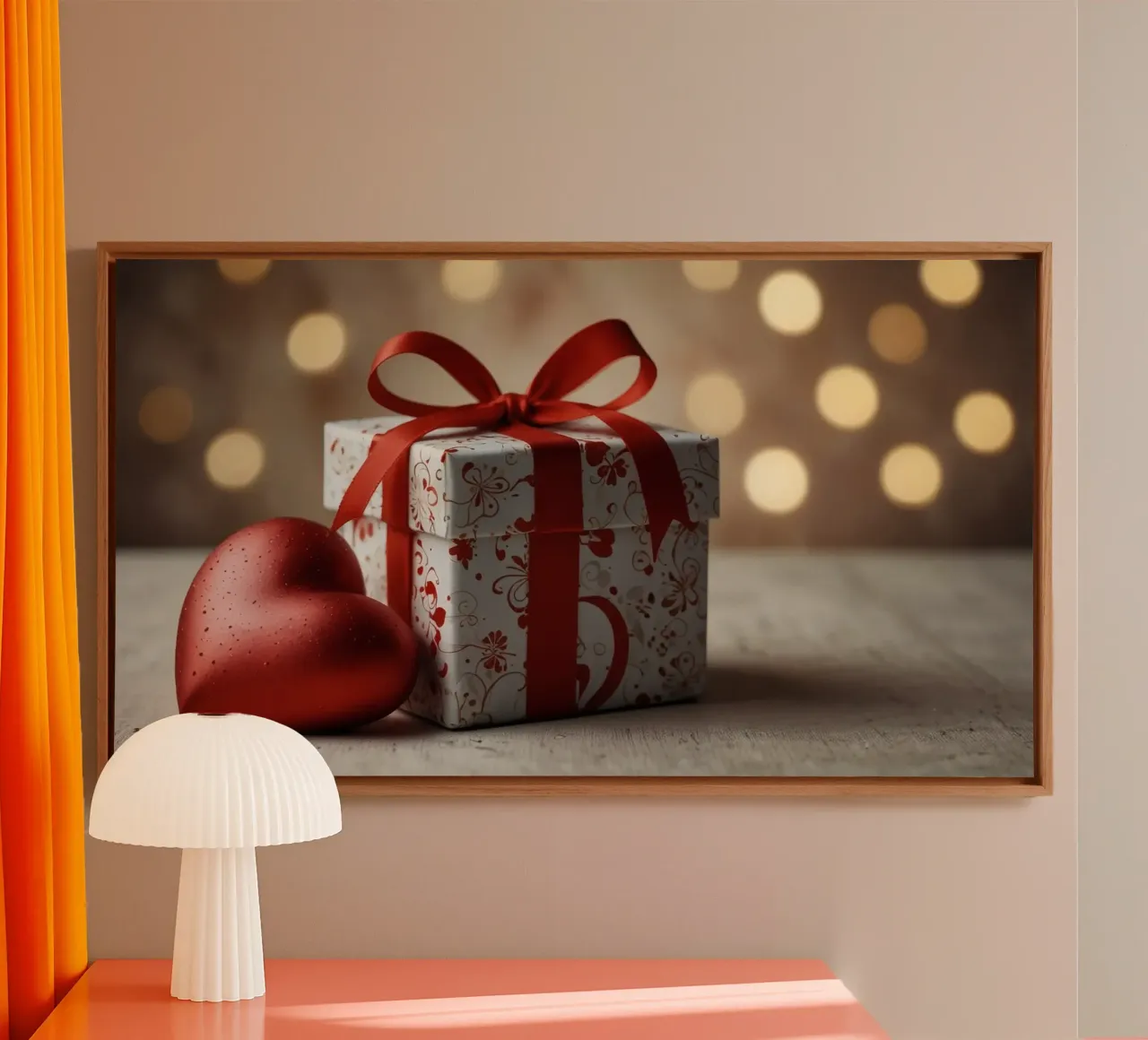 Gift box and heart symbol create romantic atmosphere canvas with Floater frame by DesignDoodle