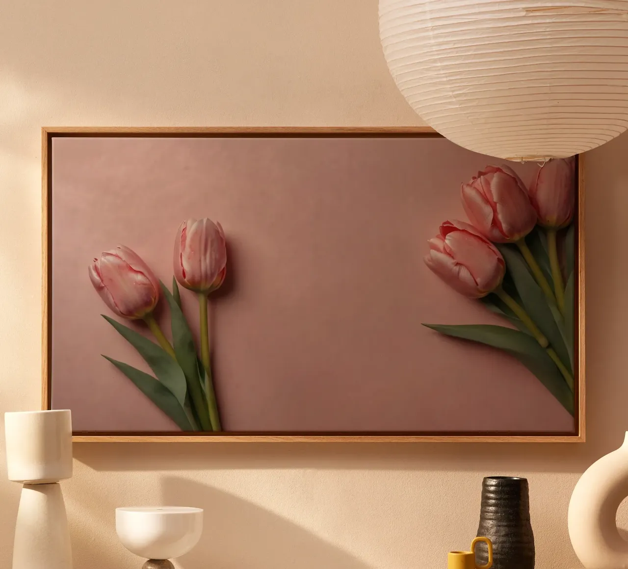 Romantic pink tulips arranged on soft pink background canvas with Floater frame by DesignDoodle