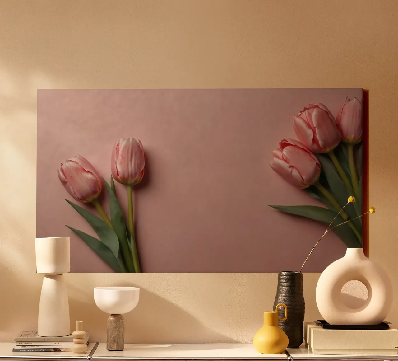 Romantic pink tulips arranged on soft pink background canvas with Floater frame by DesignDoodle
