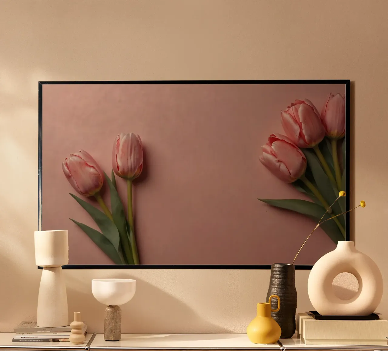 Romantic pink tulips arranged on soft pink background poster by DesignDoodle