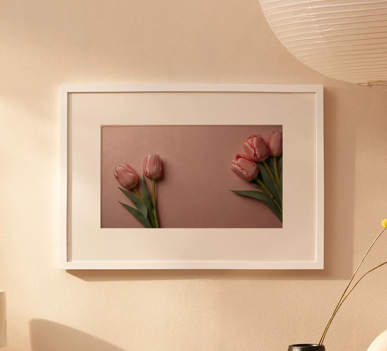 Romantic pink tulips arranged on soft pink background poster by DesignDoodle