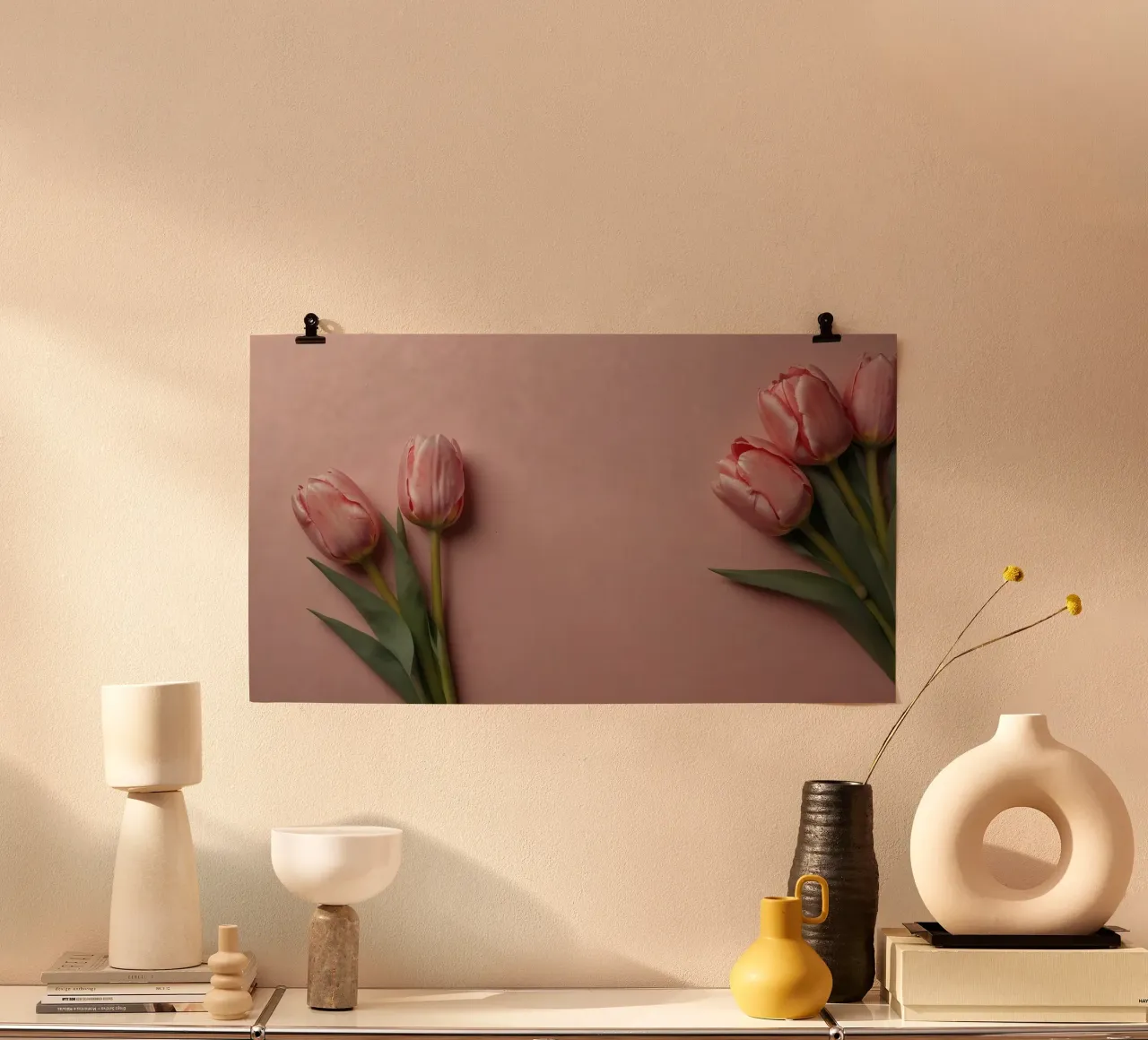 Romantic pink tulips arranged on soft pink background poster by DesignDoodle