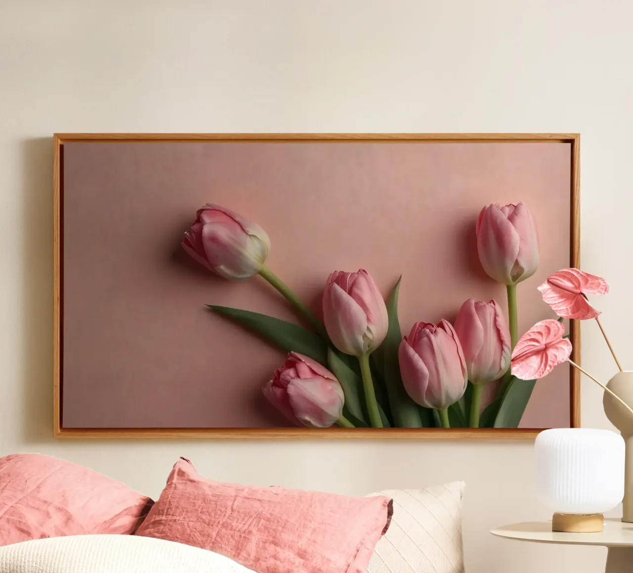Romantic arrangement of pink tulips on soft pink background canvas with Floater frame by DesignDoodle