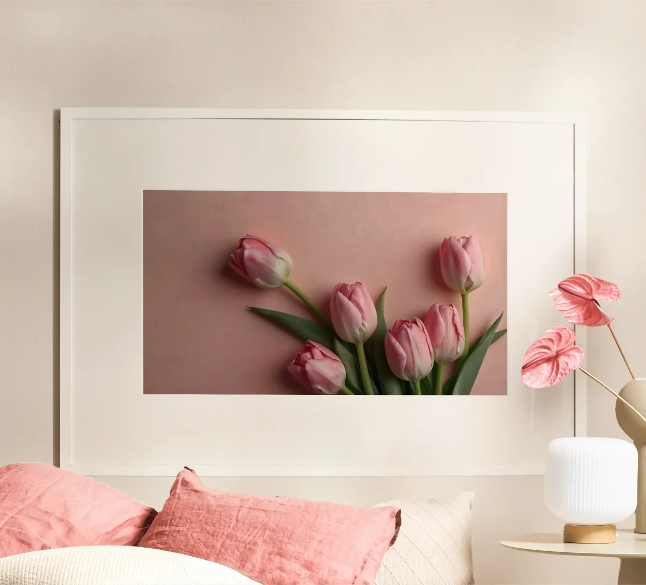 Romantic arrangement of pink tulips on soft pink background poster by DesignDoodle