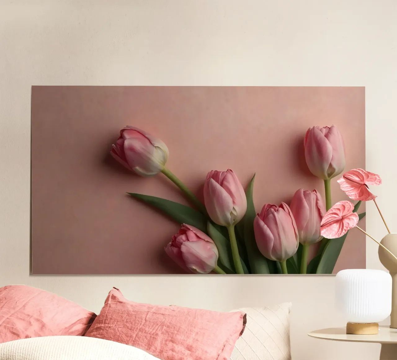 Romantic arrangement of pink tulips on soft pink background poster by DesignDoodle
