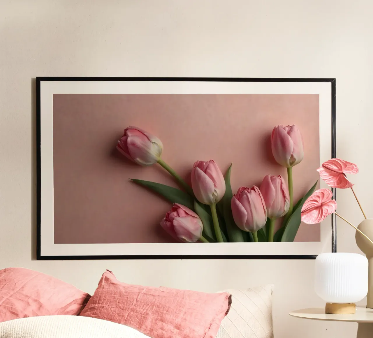 Romantic arrangement of pink tulips on soft pink background poster by DesignDoodle