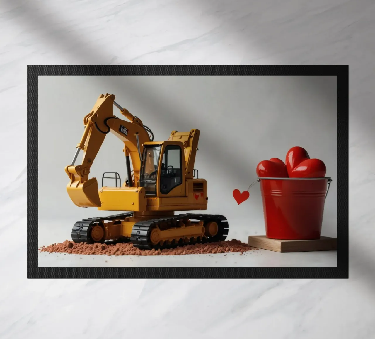 escavatore giallo e rosso a forma di cuore in una benna zerbino da DesignDoodle