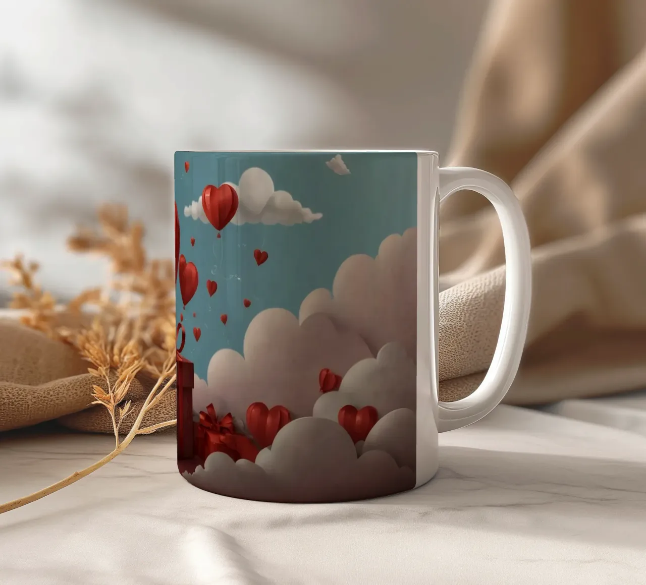 Festeggiamento di San Valentino con palloncini a forma di cuore tazza in ceramica da DesignDoodle