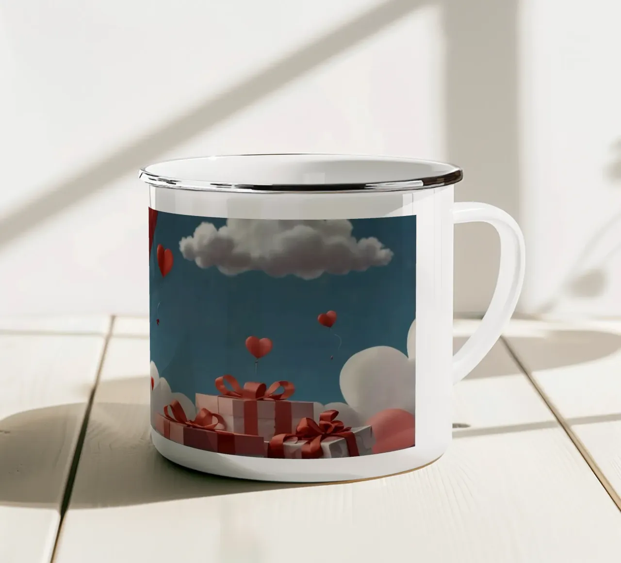 Festeggiamento di San Valentino con palloncini a forma di cuore tazza in smalto da DesignDoodle