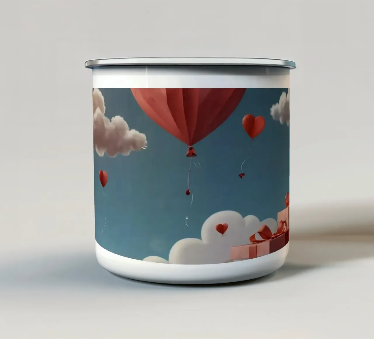 Festeggiamento di San Valentino con palloncini a forma di cuore tazza in smalto da DesignDoodle