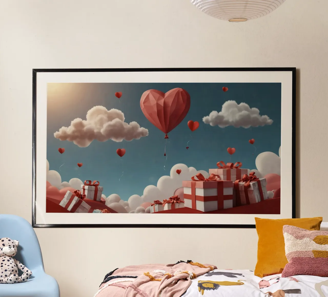 Festeggiamento di San Valentino con palloncini a forma di cuore poster con telaio in plastica da DesignDoodle