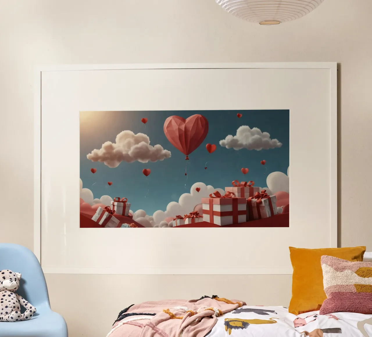 Festeggiamento di San Valentino con palloncini a forma di cuore poster con telaio in plastica da DesignDoodle